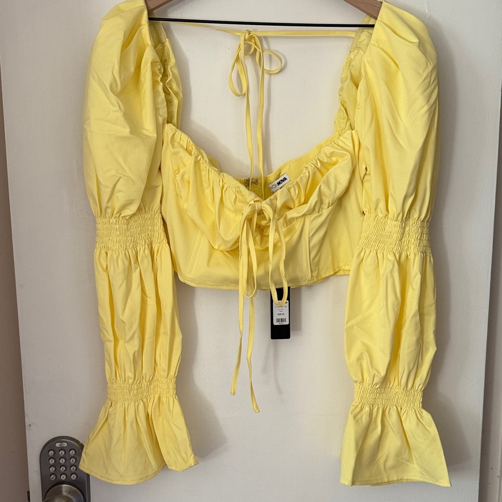 Lemon Tie-Front Cropped Top with Puff Sleeves